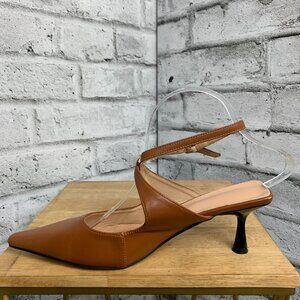 Pointy Toe Slingback Ankle Strap Mid Kitten Heel Pump 40 9.5 Camel Faux Leather